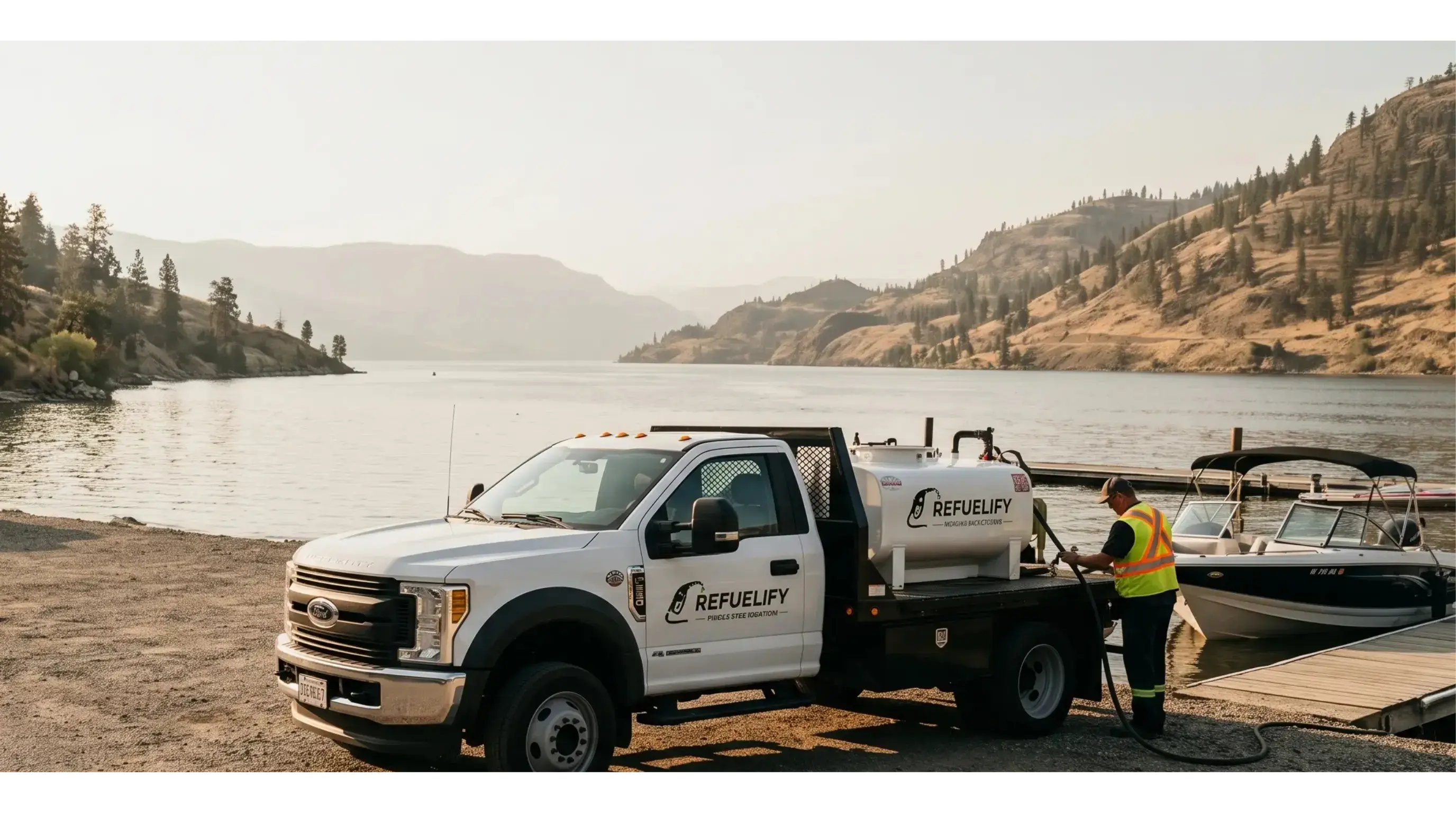 A Refuelify tanker fueling a Volvo excavator on a job site above Kelowna at sunset
