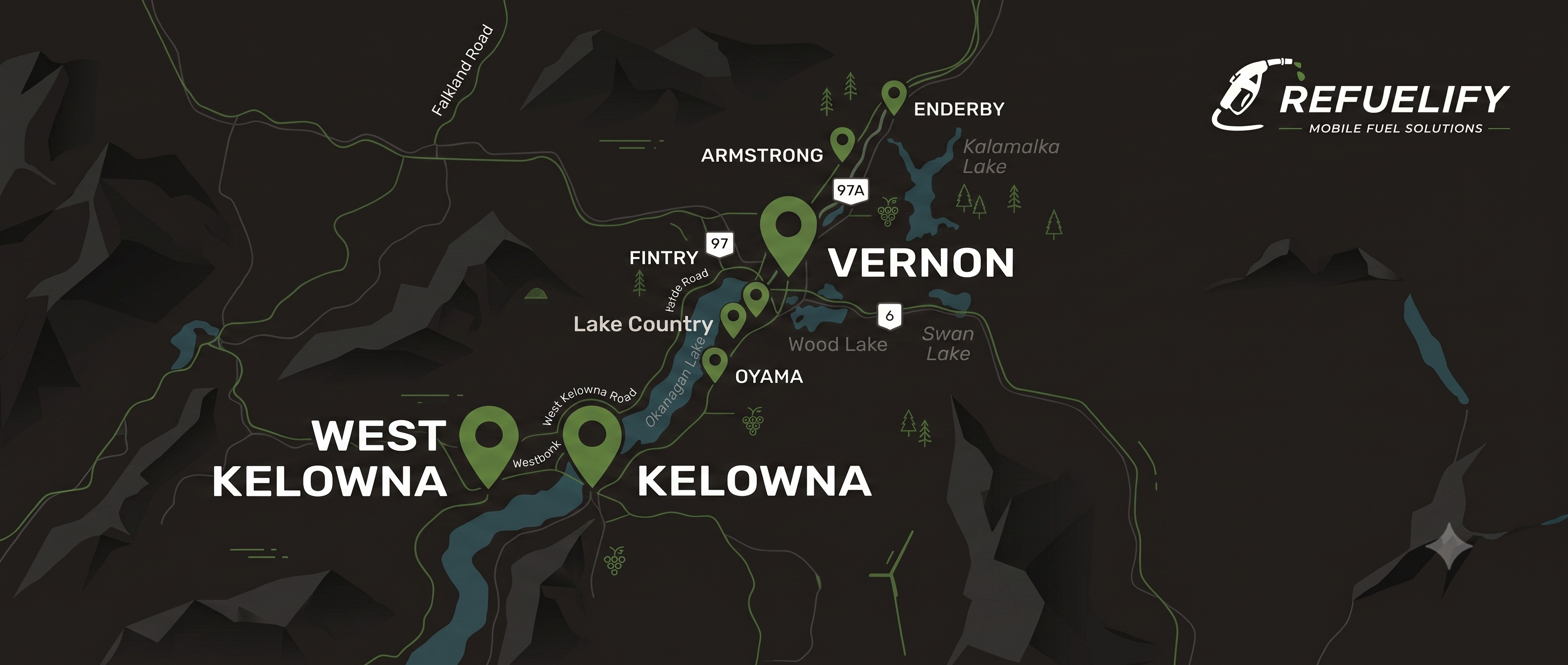 Map of Refuelify service areas across the Okanagan including Kelowna, West Kelowna, Lake Country, Oyama, Vernon, Enderby, and Armstrong